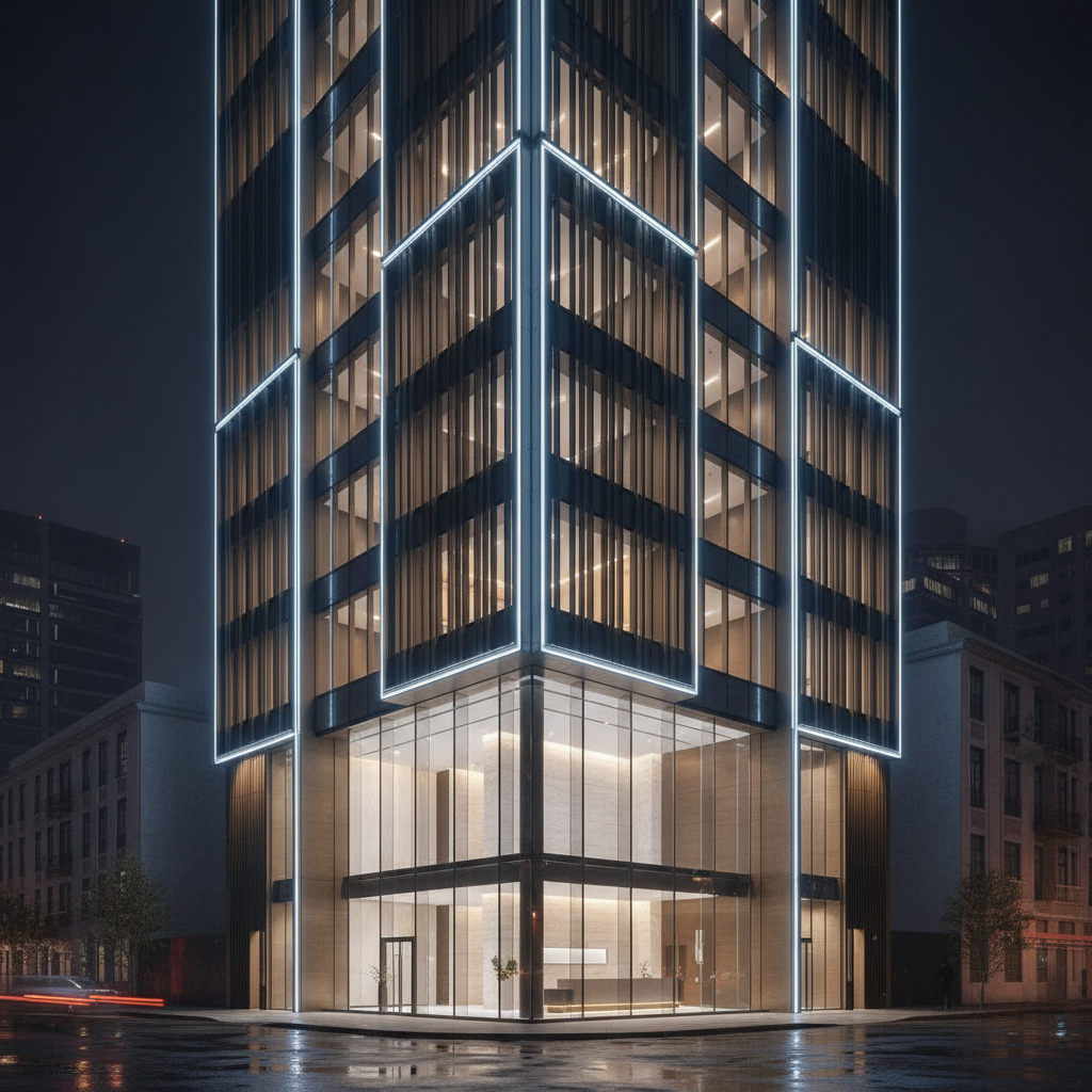 A detailed nighttime exterior of a high-rise commercial tower designed by Kareem Al Dabet, with a curtain wall of low-iron glass framed by dark anodized aluminum mullions, and vertical fins in brushed bronze that catch the city lights. The base features a recessed lobby with glowing, double-height interiors visible through transparent glass, revealing clean stone walls and minimal reception elements. Subtle, linear LED strips emphasize the tower’s edges and terraces, creating a precise light hierarchy. Photographic realism, captured from street level at a slight corner angle, with wet pavement reflecting the tower’s lights and neighboring structures fading into soft bokeh. The lighting is cool and crisp with warm interior accents, evoking a sophisticated, cosmopolitan, and highly professional atmosphere ideal for a corporate architecture portfolio.
