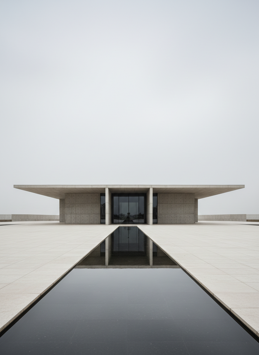 A minimalist concrete cultural pavilion by Kareem Al Dabet, standing alone in a vast open plaza of smooth pale stone, with an emphasis on pure geometry. The pavilion is composed of a thin horizontal roof slab supported by slender off-center concrete walls, with a deep recessed glass volume shimmering beneath. Overcast daylight creates a soft, shadowless environment that accentuates tonal variations in the board-formed concrete and the subtle reflectivity of the glazing. In the foreground, a shallow reflecting pool mirrors the structure, adding symmetry and depth. Photographic realism, captured from a distant eye-level perspective with a centered, balanced composition and ample negative space in the sky and plaza. The mood is contemplative, intellectual, and understated, reflecting sophisticated modernist sensibilities.