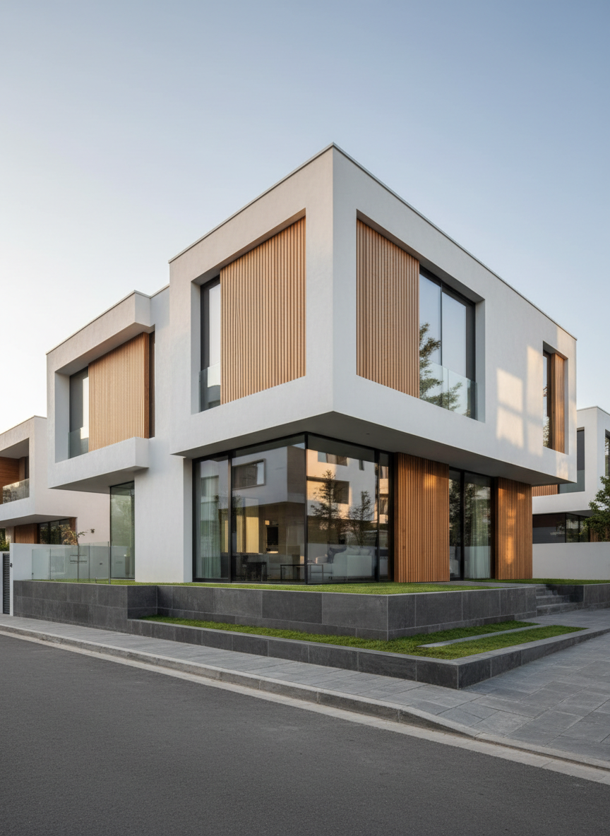 A meticulously detailed exterior of a contemporary urban residence showcasing Kareem Al Dabet’s architectural style, with interlocking volumes of smooth white concrete, warm vertical cedar slats, and expansive low-iron glass panels. The house sits on a precisely landscaped plinth of large-format basalt tiles and trimmed grasses. Soft late-afternoon natural light grazes the façades, highlighting crisp edges and subtle material textures, while long shadows emphasize depth. The street and neighboring buildings are softly blurred to keep focus on the design. Captured in photographic realism from a slightly low, three-quarter angle, with sharp focus throughout, the mood is sophisticated, calm, and confident, reflecting a high-end architectural portfolio hero image with a clean, modern aesthetic.