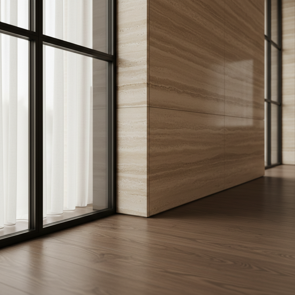 A refined interior detail shot of a residential living space by Kareem Al Dabet, focusing on the junction of materials and geometry. A floor-to-ceiling window with slim black steel framing meets a monolithic wall of travertine with honed, linear veining, while wide-plank smoked oak flooring runs seamlessly to the glass. A recessed shadow gap at the baseboard creates a floating effect. Soft morning light enters through sheer, nearly invisible fabric, creating delicate gradients across the stone and wood and a gentle reflection on the window glass. Photographic realism, captured at a low, close angle with shallow depth of field, emphasizing textures, edges, and precision of detailing. The mood is intimate, sophisticated, and serene, conveying craftsmanship and quiet luxury within the architectural portfolio context.