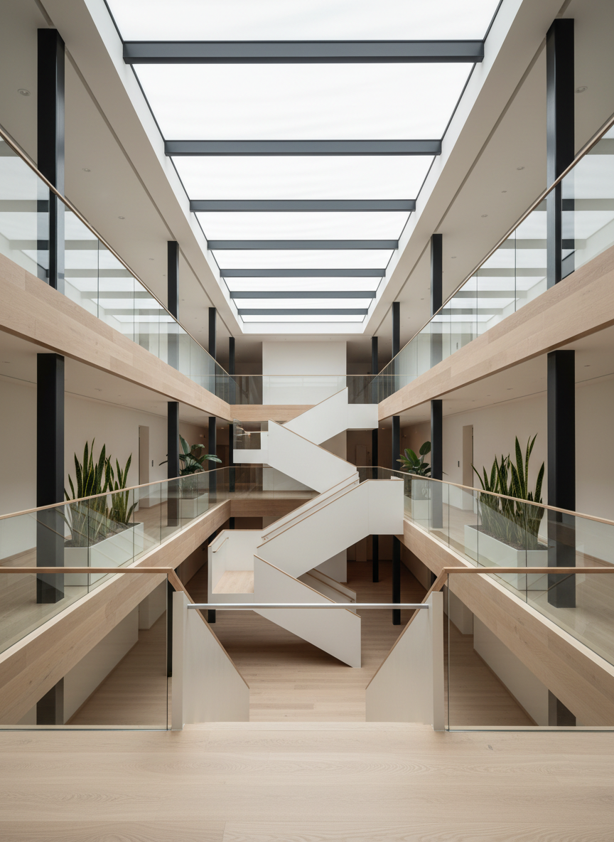 An elegant interior atrium of a mixed-use building designed by Kareem Al Dabet, featuring a double-height void framed by slender black steel columns and cantilevered walkways in pale oak. A sculptural staircase in matte white metal folds upward with razor-sharp lines, floating over honed limestone flooring. Diffused daylight filters from a large linear skylight above, creating soft, even illumination with gentle, directional shadows along the stair. Planters with structured greenery are integrated into the balustrades, adding controlled organic contrast. Photographic realism, shot from an elevated balcony at one corner, using a wide-angle lens that captures the full spatial drama while maintaining verticals perfectly straight. The atmosphere is serene, refined, and highly controlled, suited for a sophisticated architectural portfolio spread.